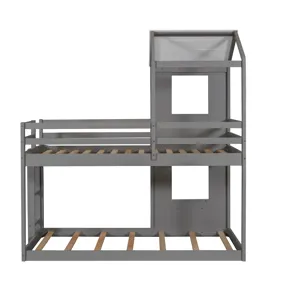 Twin Over Twin Bunk Bed Wood Bed With Roof, Window, Guardrail, Ladder - White