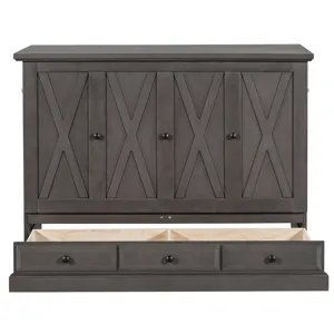 Full Solid Pine Murphy Bed Chest Cube Cabinet Bed With Charging Station And Large Storage Drawer For