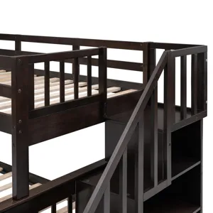 Twin Over Full Stairway Bunk Bed With Drawer, Storage And Guard Rail For Bedroom, Dorm, For Adults -