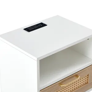 15.75\" Rattan End Table With Power Outlet & USB Ports, Modern Nightstand With Drawer And Solid Wood