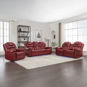 3 Pieces Recliner Sofa Sets Home Theater Seating Manual Recliner Chair With Center Console And Led L