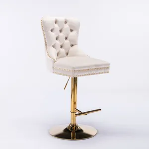 Thick Golden Swivel Velvet Barstools Adjusatble Seat Height From 27-35\", Modern Upholstered Bar Sto