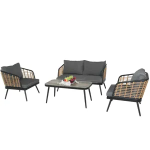 4 Pieces Patio Furniture Set, PE Rattan Wicker With Washable Cushion And Tempered Glass Tabletop, Co