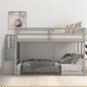 Twin Over Twin Floor Bunk Bed, Ladder With Storage - Gray