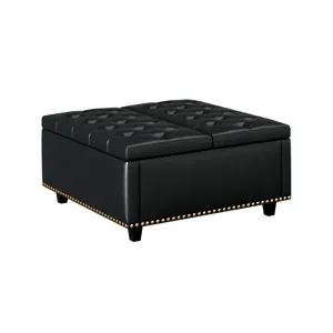 Large Square Storage Stool With Two Storage Doors, Footstool For Living Room Studded Mid-Century Mod