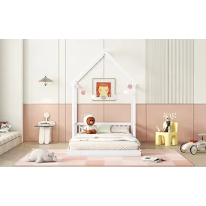 Full Roof-Framed Headboard Floor Bed With Headboard Guardrails - Without Slats White