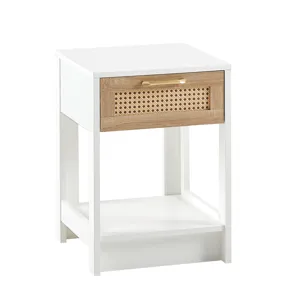 15.75\" Rattan End Table With Drawer, Modern Nightstand, Side Table For Living Room, Bedroom - White