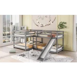 Full And Twin Size L-Shaped Bunk Bed With Slide And Short Ladder - Gray