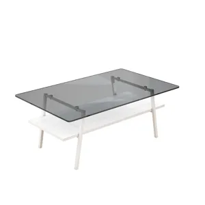 Rectangle Coffee Table, Tempered Glass Tabletop With White Metal Legs, Modern Table For Living Room 