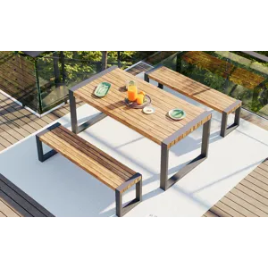 3 Pieces Outdoor Dining Table With 2 Benches, Patio Dining Set With Unique Top Texture, Acacia Wood 
