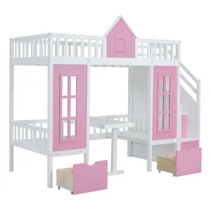 Twin Over Twin Bunk Bed With Changeable Table, Bunk Bed Turn Into Upper Bed And Down Desk - Pink