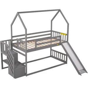 Twin Over Twin House Bunk Bed With Convertible Slide, Storage Staircase Can Be Placed Left Or Right 