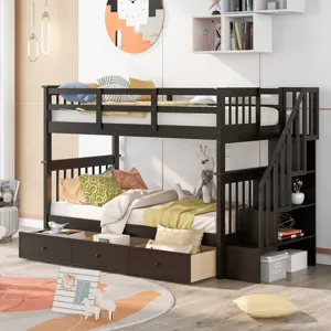 Stairway Twin Over Twin Bunk Bed With Three Drawers For Bedroom, Dorm - Espresso