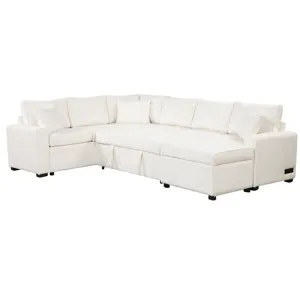 Sectional Sofa Pull-Out Sofa Bed Sleeper With A Storage Ottoman, Three Pillows And Charging Devices 
