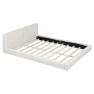 Queen Size Upholstered Platform Bed With , Grounded Bed With Solid Frame - Beige