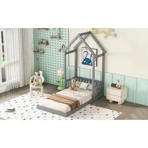Twin House-Shaped Roof Headboard Floor Bed, (Without Slats) - Gray