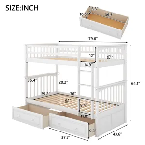Twin Over Twin Bunk Bed With Drawers, Convertible Beds - White