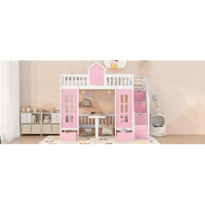 Twin Over Twin Bunk Bed With Changeable Table, Bunk Bed Turn Into Upper Bed And Down Desk - Pink