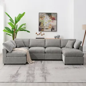 Modern Modular Cloud Sofa Bed, 6 Seat Chenille Sectional Couch Set With Ottoman, Free Combination, C