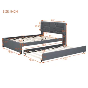 Full Size Upholstered Platform Bed With Brick Pattern Headboard And Twin Size Trundle, Linen - Gray