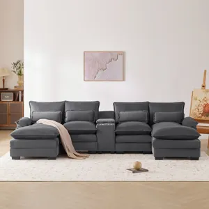 Modern U Shaped Sofa With Console, Cupholders And USB Ports, 6 Seat Upholstered Symmetrical Indoor F