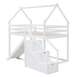 Twin Over Twin House Loft Or Bunk Bed With Slide And Staircase - White
