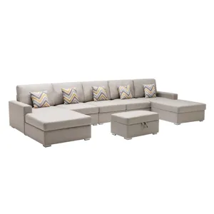 Nolan - Linen Fabric 6 Piece Double Chaise Sectional Sofa With Interchangeable Legs, Storage Ottoman