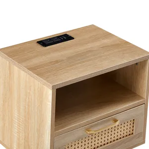 15.75\" Rattan End Table With Power Outlet & USB Ports, Modern Nightstand With Drawer And Solid Wood