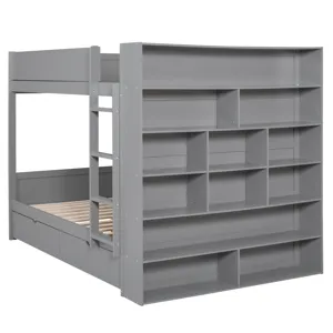Full Over Full Bunk Bed With 2 Drawers And Multi - Layer Cabinet - Gray