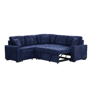 L-Shape Sofa Bed Pull-Out Sleeper Sofa With Wheels, USB Ports, Power Sockets For Living Room - Navy 