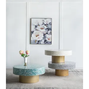Unique Capiz Coffee Table With Pedestal Base - Cream / Gold