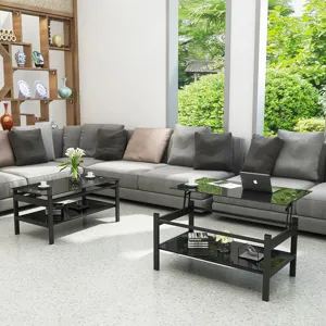 Glass Lift Top Coffee Table, Modern Simple 2-Layer Tempered Glass Coffee Table For Living Room - Bla