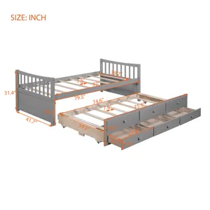 Twin Size Daybed With Trundle And Drawers - Gray