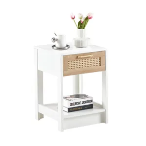 15.75\" Rattan End Table With Drawer, Modern Nightstand, Side Table For Living Room, Bedroom - White