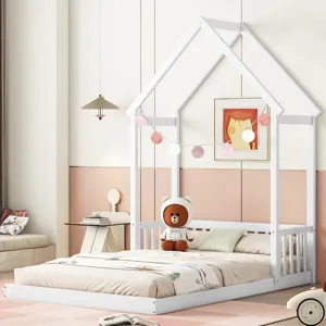 Full Roof-Framed Headboard Floor Bed With Headboard Guardrails - Without Slats White