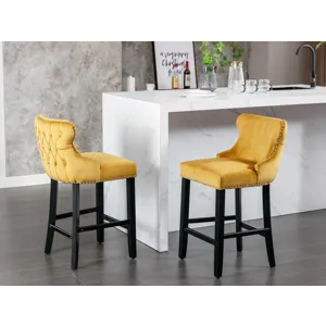 Contemporary Velvet Upholstered Wing-Back Barstools With Button Tufted Decoration And Wooden Legs, A