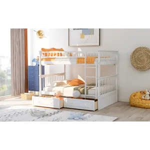 Full Over Full Bunk Bed With Drawers, Convertible Beds - White