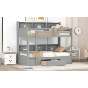 Twin Size Bunk Bed With Built-In Shelves Beside Both Upper And Down Bed And Storage Drawer - Gray