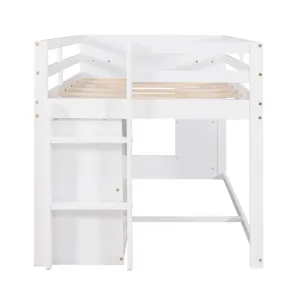 Twin Size Loft Bed With Cabinet And Shelf - White