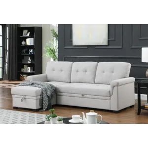 Lucca - Linen Reversible Sleeper Sectional Sofa With Storage Chaise - Light Gray