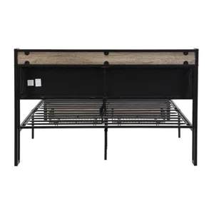 Queen Size Metal Platform Bed Frame With Upholsteryolstery Storage Function Headboard And USB Liner 