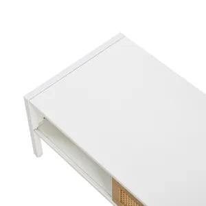 40.16\" Rattan Coffee Table, Sliding Door For Storage, Metal Legs, Modern Table For Living Room - Wh