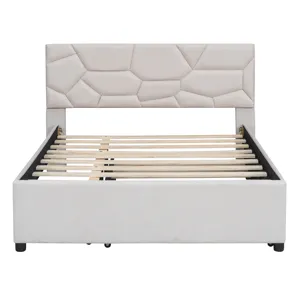 Full Size Upholstered Platform Bed With Brick Pattern Headboard And Twin Size Trundle, Linen - Beige
