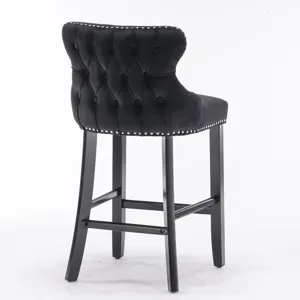 Contemporary Velvet Upholstered Wing-Back Barstools With Button Tufted Decoration And Wooden Legs, A