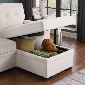 Lucca II  - 84.5\"W Beige Woven Fabric Reversible Sleeper Sectional Sofa With Storage Chaise and Poc