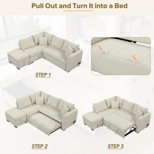 L-Shaped Sectional Pull Out Sofa Bed Sleeper Sofa With Two USB Ports, Two Power Sockets And A Movabl