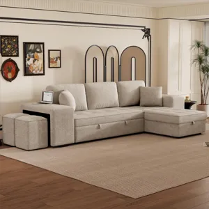 Modern L-Shape 3 Seat Reversible Sectional Couch, Pull Out Sleeper Sofa With Storage Chaise And 2 St
