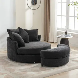360° Swivel Accent Barrel Chair With Storage Ottoman & 4 Pillows, Modern Chenille Leisure Chair Roun
