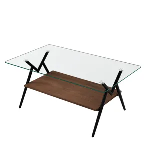 Rectangle Coffee Table With Tempered Glass Top And Metal Legs, Modern Table For Living Room, Transpa