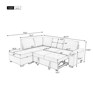 Sleeper Sectional Sofa, L-Shape Corner Couch Sofa - Bed With Storage Ottoman & Hidden Arm Storage & 